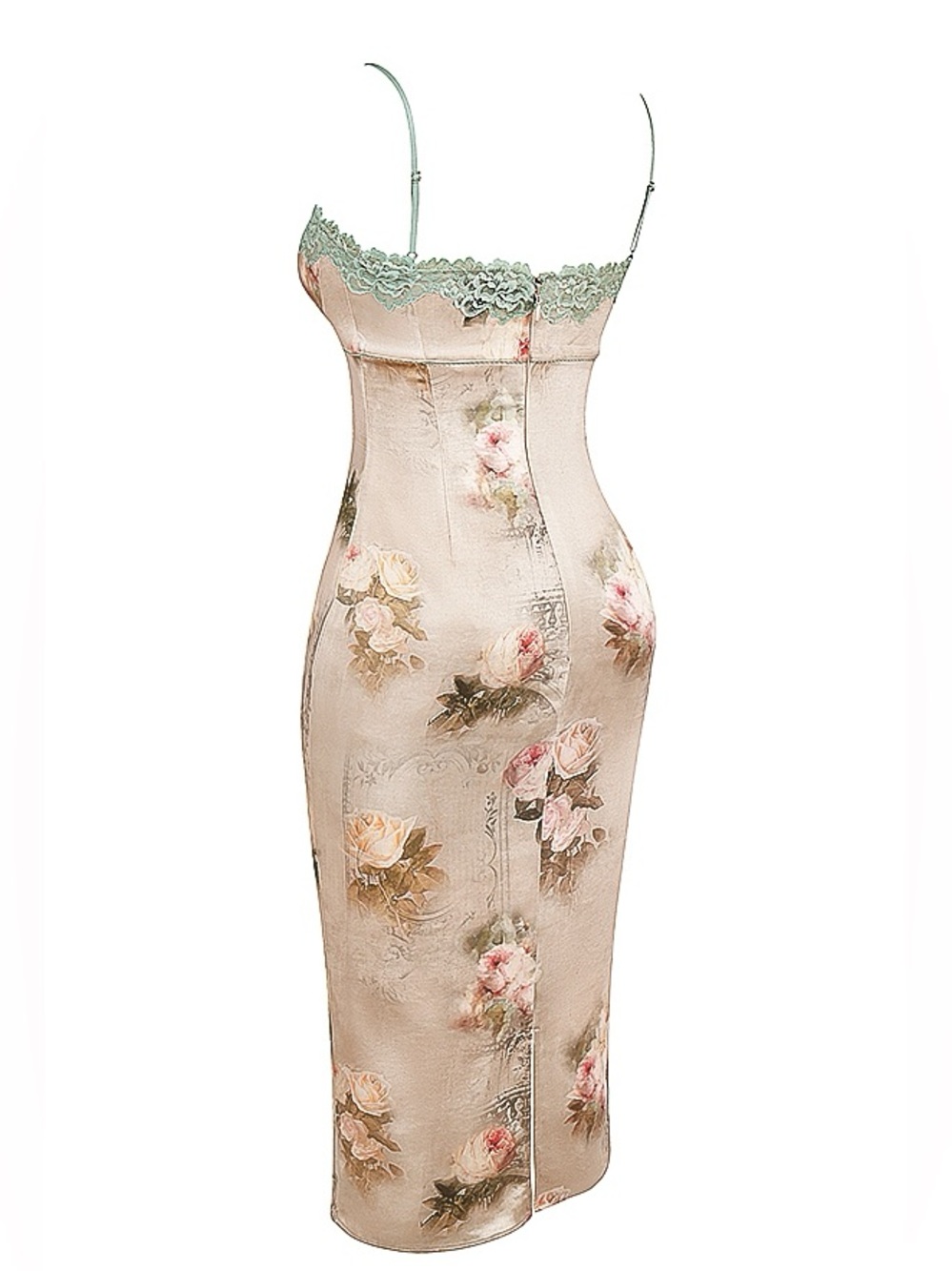 HOUSE OF CB VENUS Vintage Floral Midi Dress Lace-Trim Satin Slip Dress Champagne - Picture 15 of 16